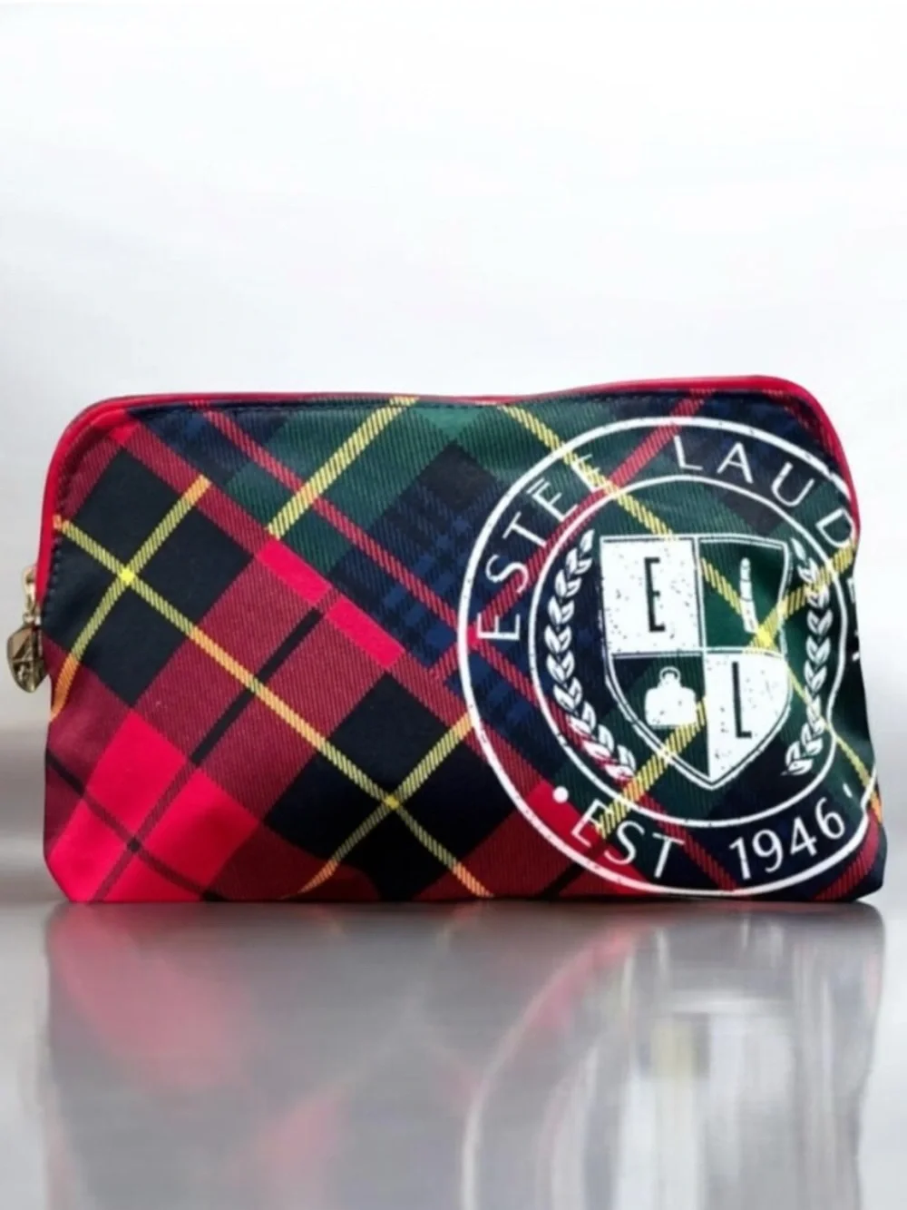 Estée Lauder Cosmetic Bag Limited Edition Tartan Plaid Luxe 1946 Crest Red Black